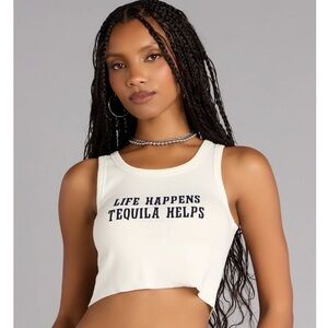 Women's Cream Graphic Crop Tank Top - Life Happens Tequila Helps
